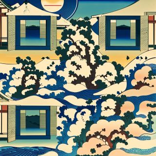 An illustration in the style of traditonal Japanese art. The illustratration shows stylised houses with a large window in each corner. The main part of the image is filled with trees or bushed. On second glance the format reveals itself to be a working QR code.