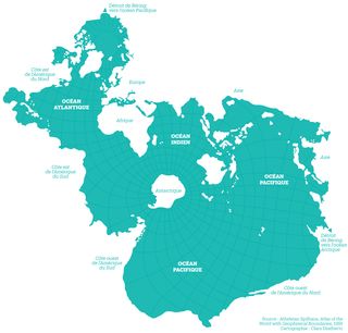 "A map of the world, center on the north pole. The design is centered on the oceans, emphasising that the the oceans are one giant mass of water rather than multiple divided entity."