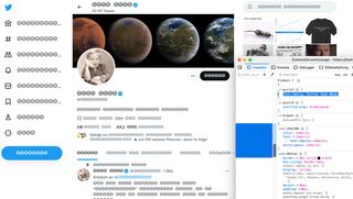 A screenshot of Twitter’s user interface. You see Elon Musk’s profile. But every letter on the whole page is changed to be Twitter’s checkmark. On the right you see the browser development tools, which show that the used font has been changed to «Twitter Sans Neue».